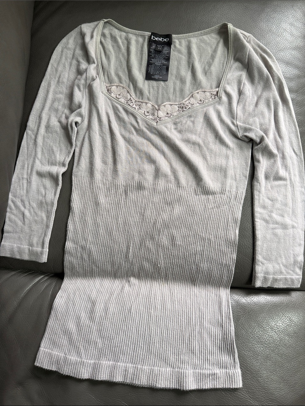 bebe Gray Ribbed Knit Long Sleeve Top with Lace Trim